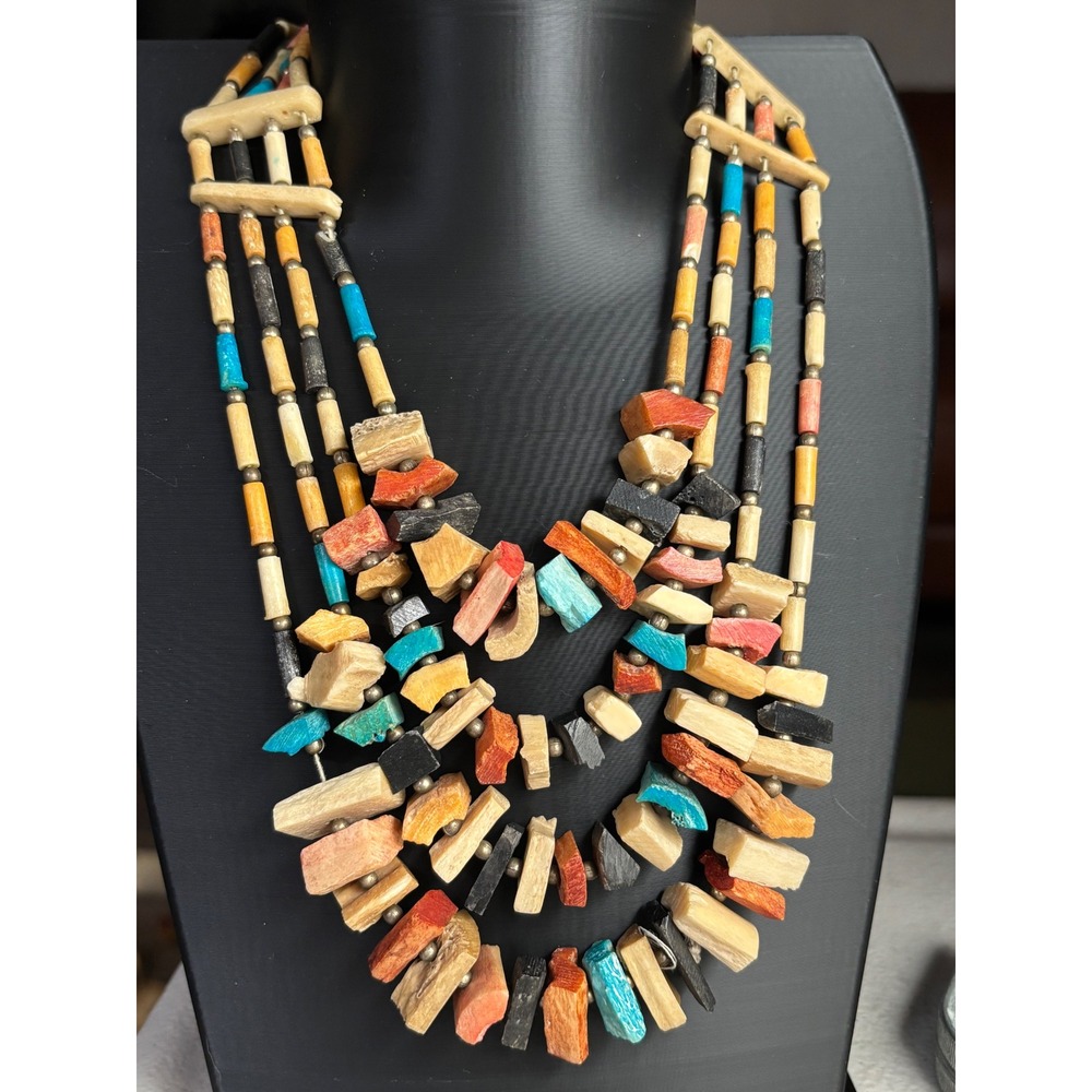 Vintage Multi Strand Hand Carved Bone Slab Hairpipe Necklace Southwestern Tribal